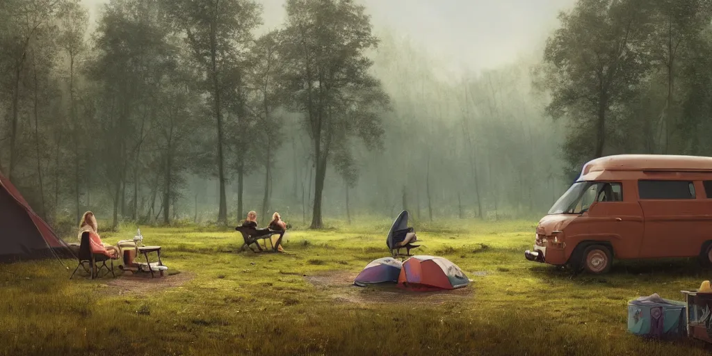 Image similar to looking out of the back of a van, two women camping, elegant scene, low angle, wide angle, indian forest, wide angle, cinematic, ultrarealistic, trending on artstation, cgsociety, highly detailed, color graded, rendered in unreal engine 4 k hq, matte painting, by simon stalenhag and hudson river school, horizon forbidden west