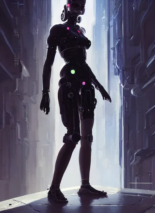 Image similar to a digital painting of Natalie Portman as a cyborg wearing a cyberpunk dress, by netter, style from greg rutkowski, beautiful eyes, full frame, oil painting, featured on artstation, concept art, smooth, sharp focus, illustration, very detailed, ambient lighting, unreal engine render, concept art by Atey Ghailan, by Loish, by Bryan Lee O'Malley