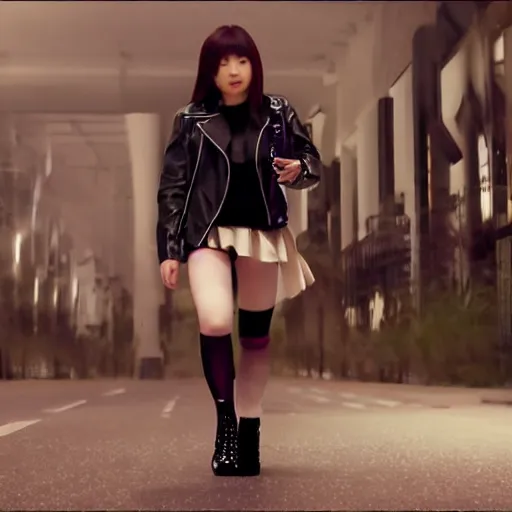 Image similar to a dynamic, epic cinematic 8K HD movie shot of a japanese young J-Pop idol girl wearing leather jacket, miniskirt, nylon tights and high heels boots. Motion, VFX, Inspirational arthouse