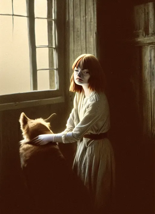 Image similar to portrait bust of emma stone petting a dog, solemn expression, faded color film, russian cinema, tarkovsky, kodachrome, old cabin, next to window, heavy forest outside, long brown hair, old clothing, heavy fog, hudson river school, 4 k, dramatic lighting, greg rutkowski