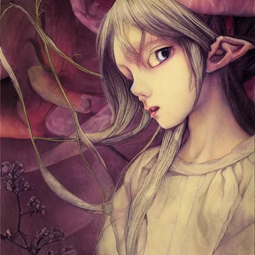 Image similar to little elf girl, tunic, soft hair. light color palate, purple, yellow and white. detailed soft painting, ayami kojima, made in abyss, anatomically correct, inspired in balthus, high detailed face anime