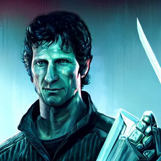 Image similar to todd howard with a switchblade knife, forcing you to buy skyrim, threatening, sharp, cinematic, colorful, digital art, neon, bright, cyberpunk, blade runner 2 0 4 9, realism, bold