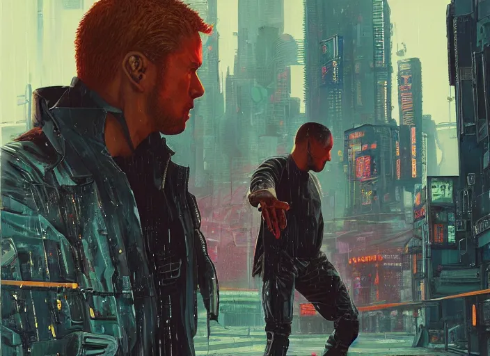 Prompt: cyberpunk jujitsu match ( blade runner 2 0 4 9, dystopian, cyberpunk 2 0 7 7 character design ). portrait by james gurney and laurie greasley, oil on canvas. cinematic, hyper realism, realistic proportions, anatomy, dramatic lighting, high detail 4 k