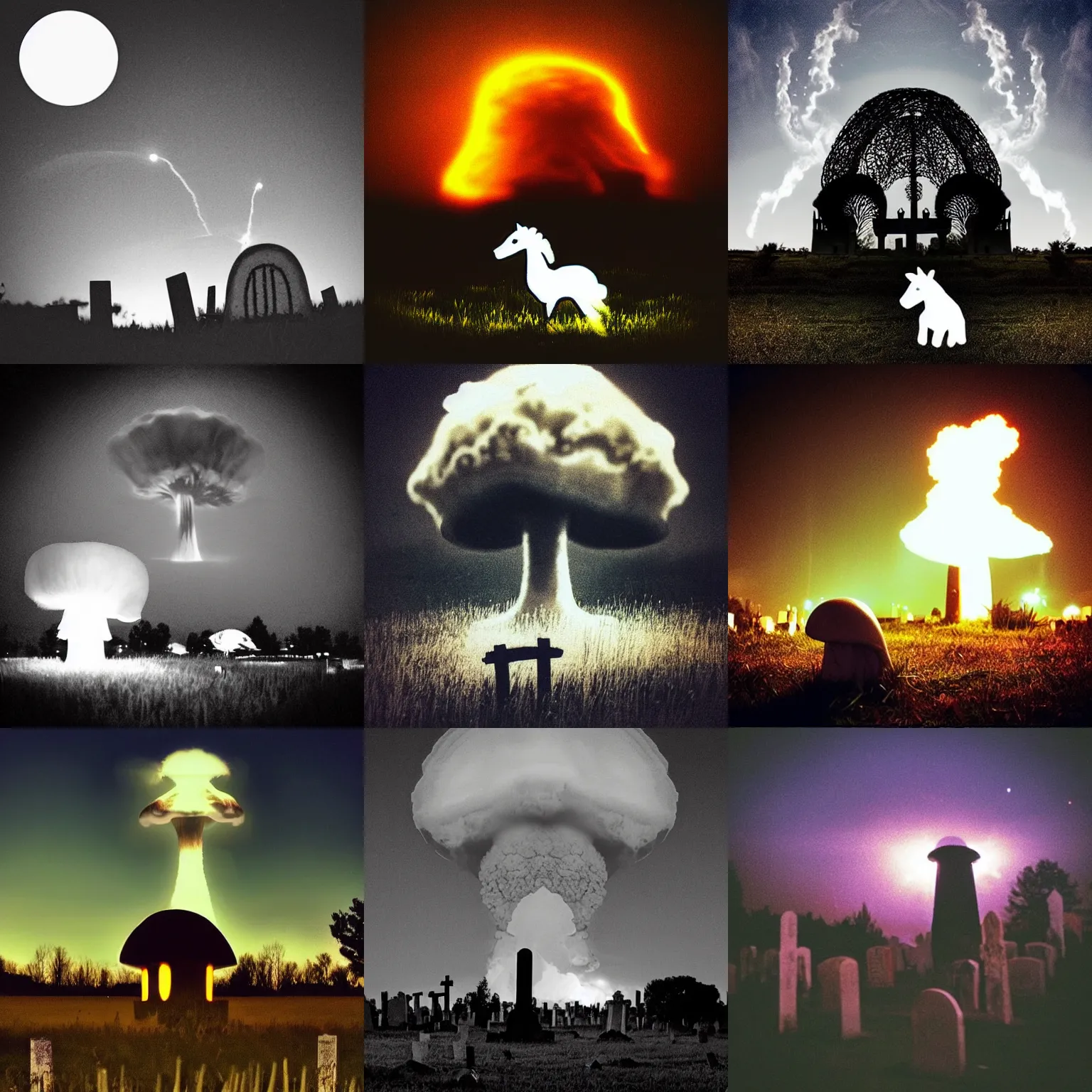 Prompt: “a nuclear explosion mushroom cloud in a graveyard 🪦 at night time. A white pony stands in the foreground.”