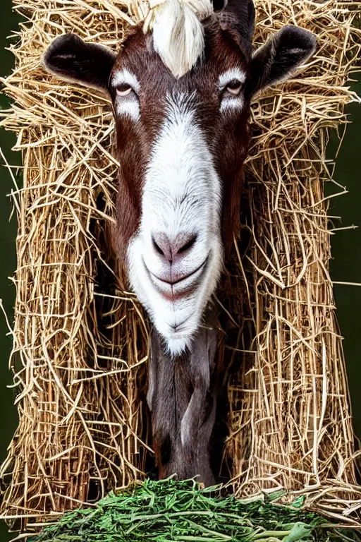 Prompt: a goat standing upright, holding a bundle of sticks and wearing clothes made of leaves