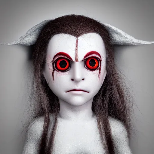 Prompt: An elf with an ashen complexion, large red eyes without irises. .