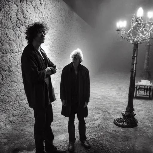 Prompt: a dramatic photograph of neil gaiman having a conversation with the sandman in a fantasy world, dramatic lighting, filmic, cinematographic, sci - fi