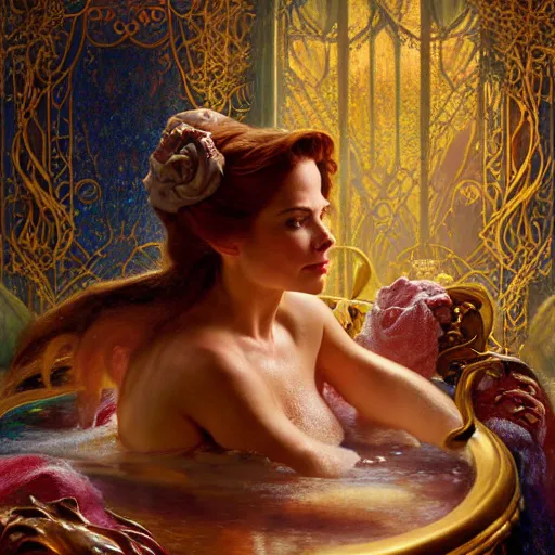 Prompt: portrait of the beast from beauty and the beast in the bath tub by disney. fantasy painting by gaston bussiere craig mullins jc leyendecker gustav klimt artgerm greg rutkowski john berkey, bergey, craig mullins, ruan jia, raymond swanland, tom lovell