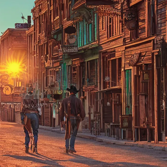 Prompt: a sunset light historical wild west broad empty street, duel between two cowboys, cowboy seen from the back, lots of sparkling details and sun ray's, blinding backlight, smoke, volumetric lighting, colorful, octane, 3 5 mm, saloon exterior, empty old town street, beautiful epic colored reflections, very colorful heavenly, softlight