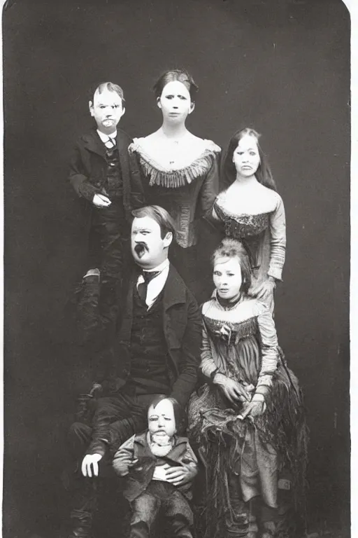 Image similar to mugwump family photo, 1 8 0 0 s, olan mills studio, creepy, scary, laughing, color, grotty, ugly, terrified