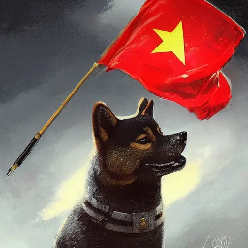 Image similar to portrait of a communist shiba inu dog as a soviet officer, tragic, elegant, fantasy, hd shot, digital portrait, beautiful, artstation, comic style, by artgerm, guy denning, jakub rozalski, magali villeneuve and charlie bowater