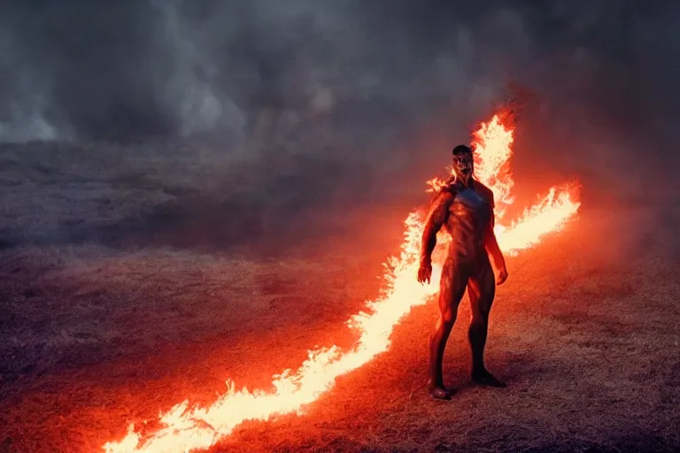 Prompt: a cinematic wide - angle photograph of mutant made of fire walking through a vast serene landscape, beautiful lighting, high depth, ultra realistic, artistic, by zack snyder and john harris