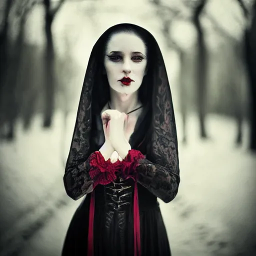 Prompt: A beautiful portrait of a lady vampire, victorian, dracula, ominous, depth of field, bokeh, irwin penn, soft light, cinematic