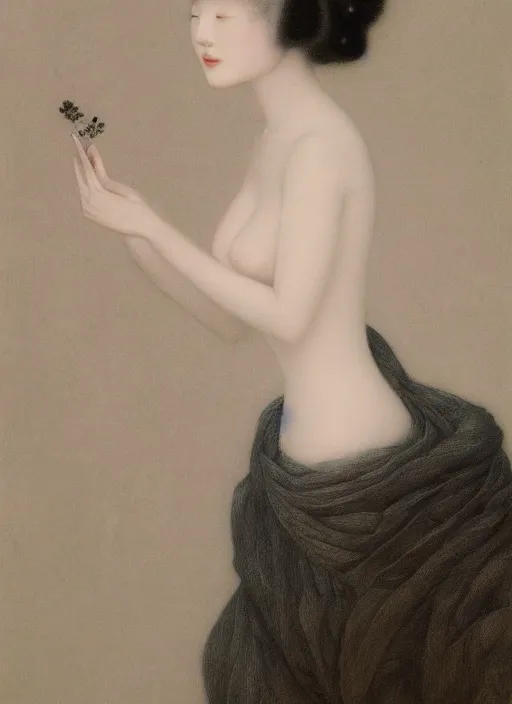 Prompt: beatifull pale wan woman, feminine goddes, side view, lit by the moon, adorable korean face silver hair!!, style of fernand khnopff and lucien levy - dhurmer, 4 k resolution, aesthetic!,