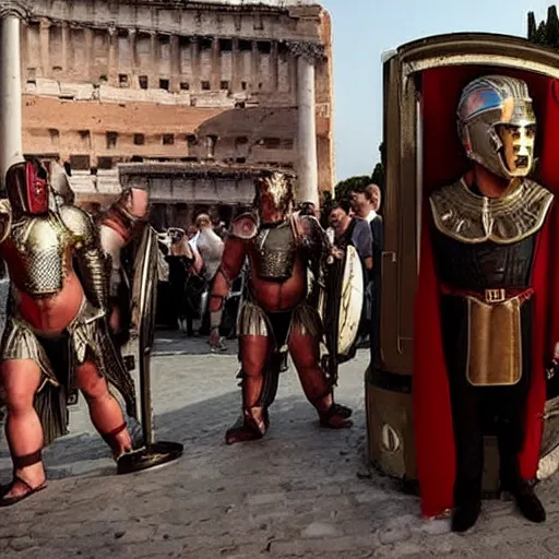 Prompt: elon musk as a roman praetorian in the streets of ancient rome, photograph still