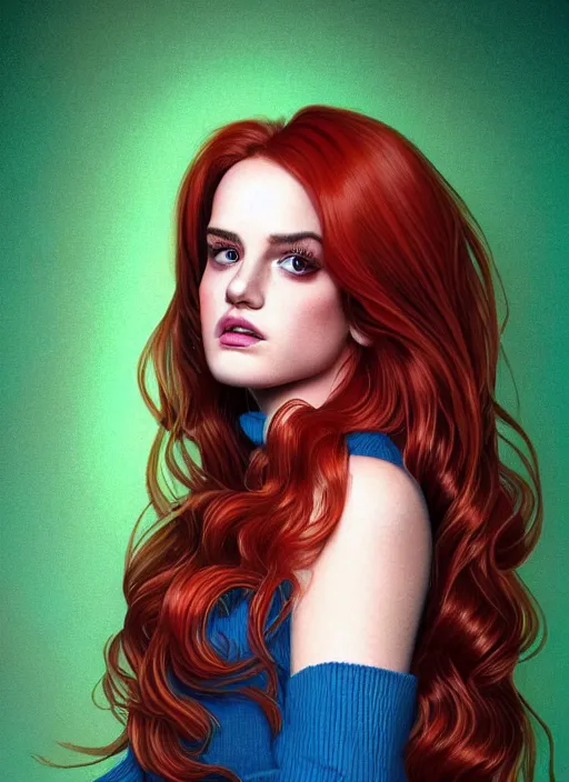 Image similar to full body portrait of teenage cheryl blossom, bangs, green eyes, mischievous expression, red hair, sultry smirk, bangs and wavy hair, 1 9 8 0 s, intricate, elegant, glowing lights, highly detailed, digital painting, artstation, concept art, smooth, sharp focus, illustration, art by wlop, mars ravelo and greg rutkowski