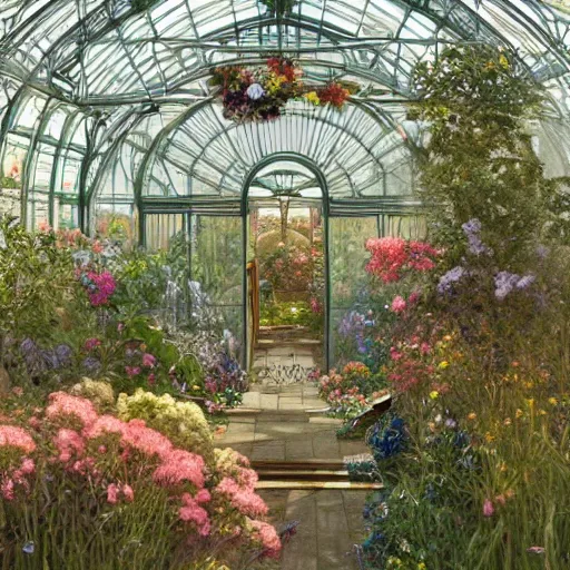 Image similar to a beautifull intricate greenhouse with many flowers, reflexions, verry high details by william turner art, greg rutkowski and alphonse mucha, and moebius, trending on artstation, very very detailed, masterpiece, - h 7 0 4