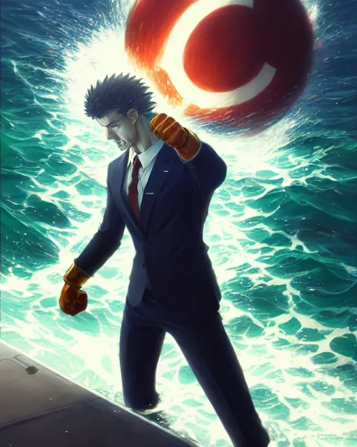 Prompt: gigachad luigi punching like saitama wearing a suit in the ocean, fantasy character portrait, ultra realistic, anime key visual, concept art, intricate details, highly detailed by greg rutkowski, ilya kuvshinov, gaston bussiere, craig mullins, simon bisley