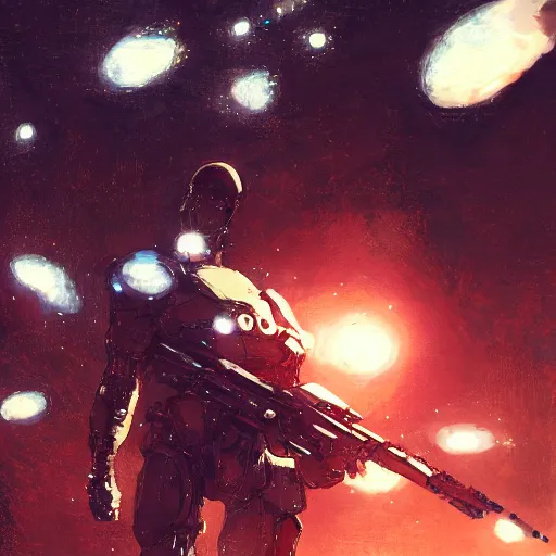 Prompt: bokeh, beautiful detail, stars in the sky, cybernetic, sci-fi space game art, jeon Jungkook holding a gun. alien planet art by Akihito Yoshitomi AND Yoji Shinkawa AND Greg Rutkowski, Mark Arian trending on artstation