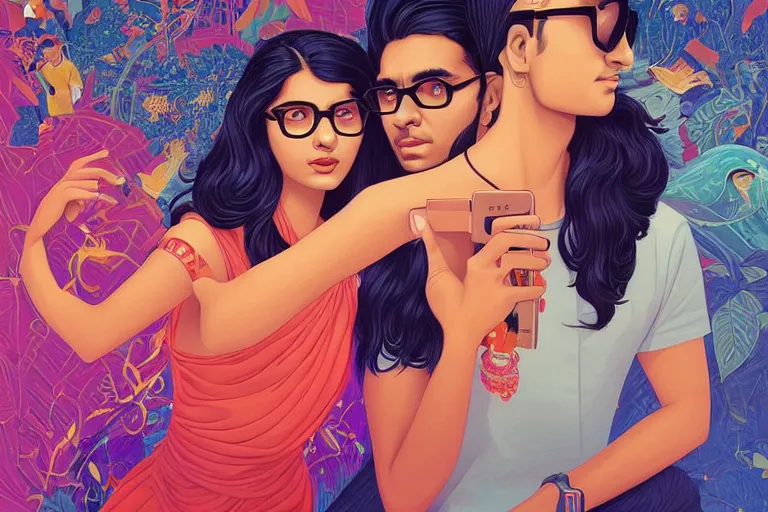 Prompt: a desi girl with medium length 4 b hair, and a desi man with light stubble and thin rectangular glasses with short 4 a hair, in love selfie, tristan eaton, victo ngai, artgerm, rhads, ross draws