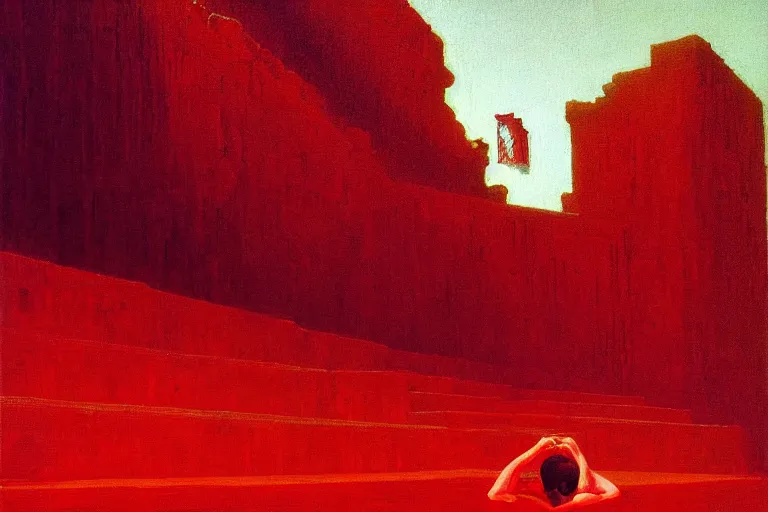 Image similar to only with red, a red melted emperor, taormina amphitheatre, crowd hails him, in the style of beksinski, parts by edward hopper, parts by rodcenko, parts by yue minjun, intricate and epic composition, red by caravaggio, insanely quality, highly detailed, masterpiece, red light, artstation, 4 k