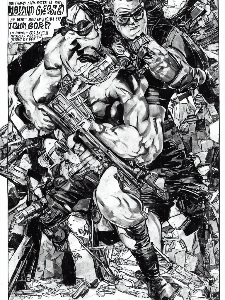 Image similar to muscular man, black vest with no shirt underneath, goggles around his neck, cargo pants, ammo belt, holding a blaster, long black hair in a ponytail, five o' clock shadow, comic book art