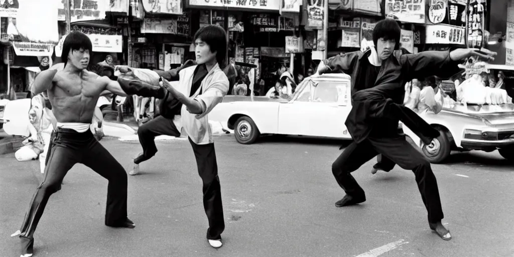 Image similar to bruce lee in a street fight with quentin tarantino on hollywood boulevard in the middle of traffic, hyperreal, onlookers, in style style of kill bill