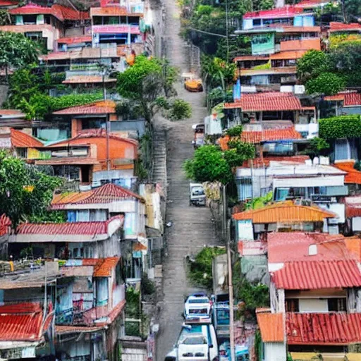 Prompt: a urbanized favela, nice street, trees on the sidewalks, no wires over the city, nice cars in the street, joyful people