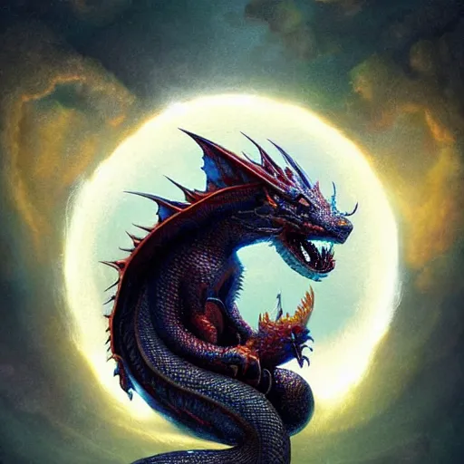 Prompt: a hyperrealistic illustration of a cute dragon that glows in the dark, mountains with fractal moonlight, little dragon with glowing scales, award - winning, masterpiece, in the style of tom bagshaw, cedric peyravernay, peter mohrbacher
