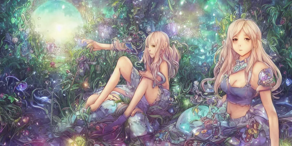 Image similar to final fantasy key visual of a pretty girl with blue flowing hair, wearing a short skirt and a crop top, meditating in a magical fantasy garden at night, moonlight, fireflies glowing, lofi feel, magical, highly detailed, digital art, artstation, smooth, hard focus, illustration, art by artgerm - in the style of final fantasy and studio ghibli