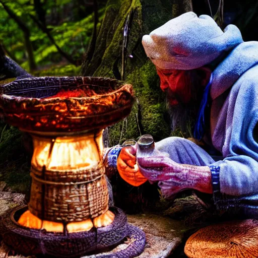 Image similar to a shaman preparing a magic decoction in a dreamy atmosphere, 4 k, 3 d, photo