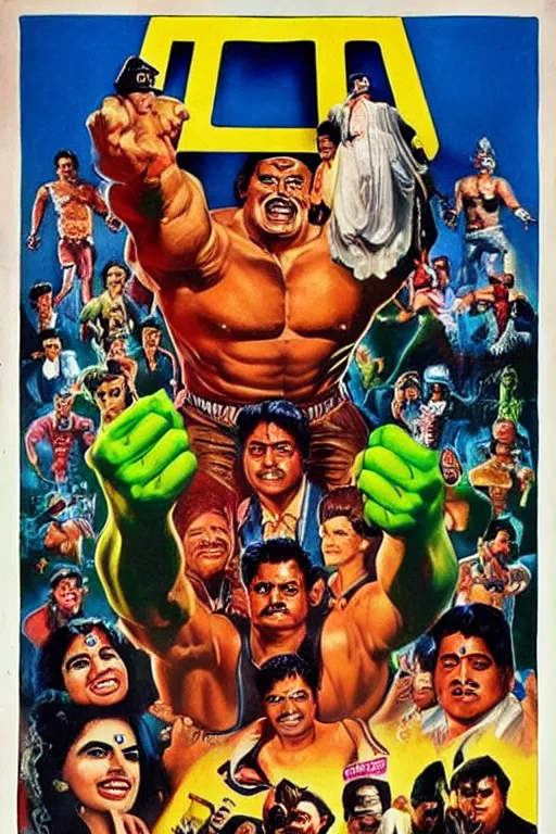 Image similar to vintage movie poster 1 mil $ kulk, hulk hogan, bollywood, india, gishnu, 1 9 8 2, drew struzan inspiration