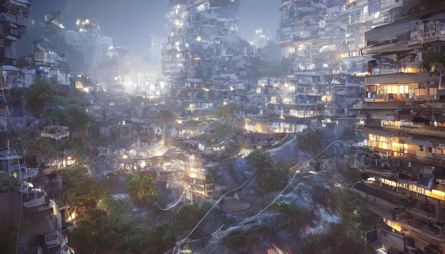 Image similar to Bright Thin Pillars Shoot out of cracks in the ground and illuminate it in a glow, Futuristic Favela, Hyperrealistic Rendering, Photorealism, Raytracing, Anamorphic Lens, Artstation