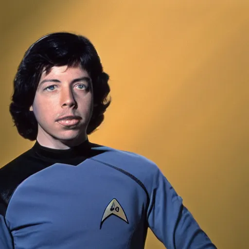 Image similar to A young David Grohl as a crew member on Star Trek the original series, XF IQ4, 150MP, 50mm, F1.4, ISO 200, 1/160s, natural light, Adobe Photoshop, Adobe Lightroom, photolab, Affinity Photo, PhotoDirector 365