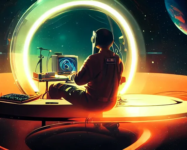 Image similar to an astronaut in a recording studio, looking at a glowing computer screen, using synthesizer, [ zero - gravity ]!!, [ everything is floating ]!!!, illustrated by greg rutkowski, [ digital art, synthwave art style ]!!