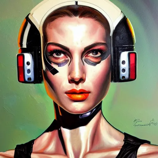 Image similar to portrait of a female android painted by Normand Rockwell and Sandra Chevrier