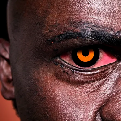 Image similar to dark - skinned tribal warrior with tribal face tattoo, cybernetic enhanced eyes, close up