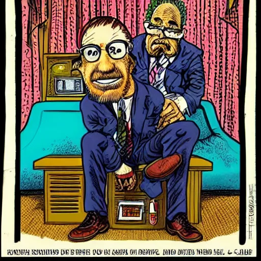 Prompt: The Artwork of R. Crumb and his Sad Accountant, pencil and colored marker artwork, trailer-trash lifestyle