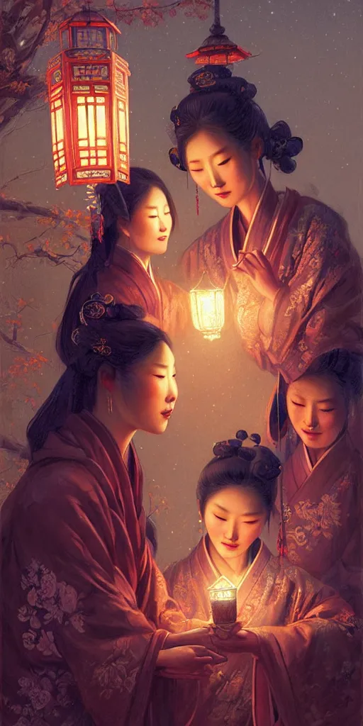 Image similar to mid - autumn night, ancient chinese women look at lanterns together, fine details. night setting. realistic shaded lighting poster by craig mullism, artgerm, jeremy lipkin and michael garmash, unreal engine, radiant light, detailed and intricate environment, digital art,