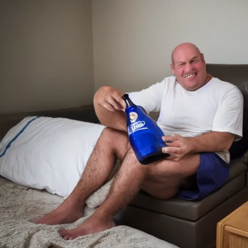 Prompt: a middle aged man, thinning hair, wearing under shirt and underpants, holding a beer, showing off his racecar bed in his apartment.