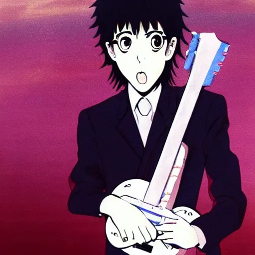 Prompt: a young Paul McCartney, anime illustration, screen capture from Neon Genesis Evangelion
