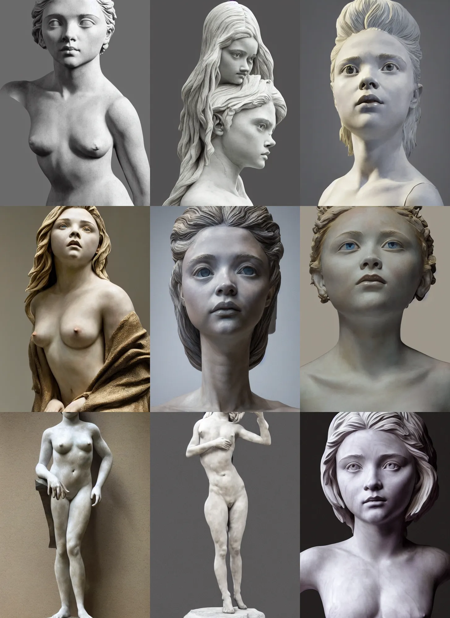 Prompt: sculpture statue of Chloe Moretz by Jean-Baptiste Carpeaux and Luo Li Rong and Michael James Talbot, all body, standing athletic pose, perfect symmetrical face, psychedelic, bodypaint, colored, white marble, in full growth, elegant, realistic, 8K, female full-skin figure, hyperrealism, subsurface scattering, raytracing, rim light, Octane Render, Redshift, Zbrush