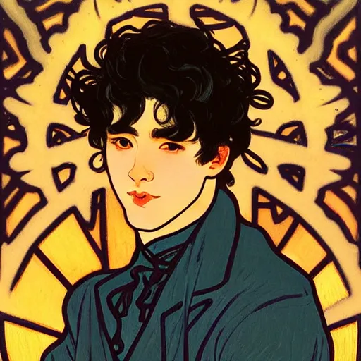 Image similar to painting of young cute handsome beautiful dark medium wavy hair man in his 2 0 s named shadow taehyung and cute handsome beautiful min - jun together at the halloween party, bubbling cauldron, candles, smoke, tarot, autumn colors, elegant, stylized, soft facial features, delicate facial features, art by alphonse mucha, vincent van gogh, egon schiele