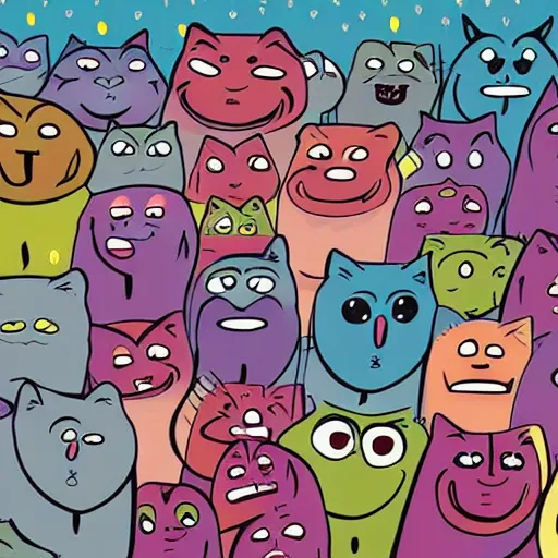 Image similar to a room full of big eye cats singing in comic art style pastel colors