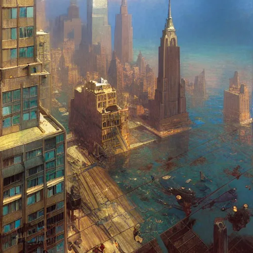 Image similar to modern new york city sinking in the ocean, water is entering. buildings, the whole city is half way underwater already, natural lighting, path traced, highly detailed, high quality, digital painting, by gaston bussiere, craig mullins, alphonse mucha j. c. leyendecker