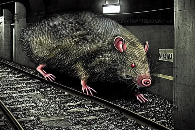 Image similar to very large giant mutant zombie irradiated angry rat sraying on railways in tonnel of moscow subway. extreme high detail. low dark light, scary atmosphere.