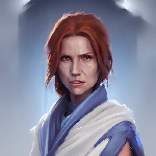 Image similar to portrait of a woman by Greg Rutkowski, old jedi Mara Jade from Star Wars Expanded Universe, she is about 60 years old, wearing blue and white robes, highly detailed portrait, digital painting, artstation, concept art, smooth, sharp foccus ilustration, Artstation HQ