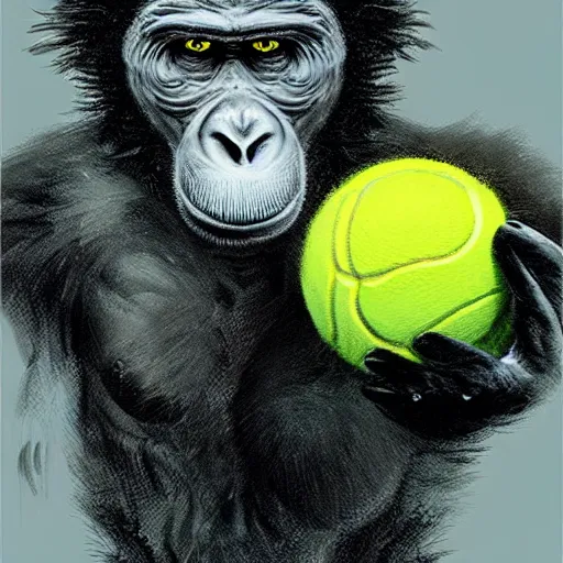 Image similar to a tennis ball monster ape , digital art, fantasy, magic, trending on artstation, ultra detailed, professional illustration by Basil Gogos