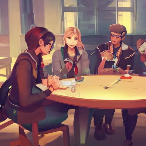 Prompt: Three students talking at a table artwork by Overwatch Art Team