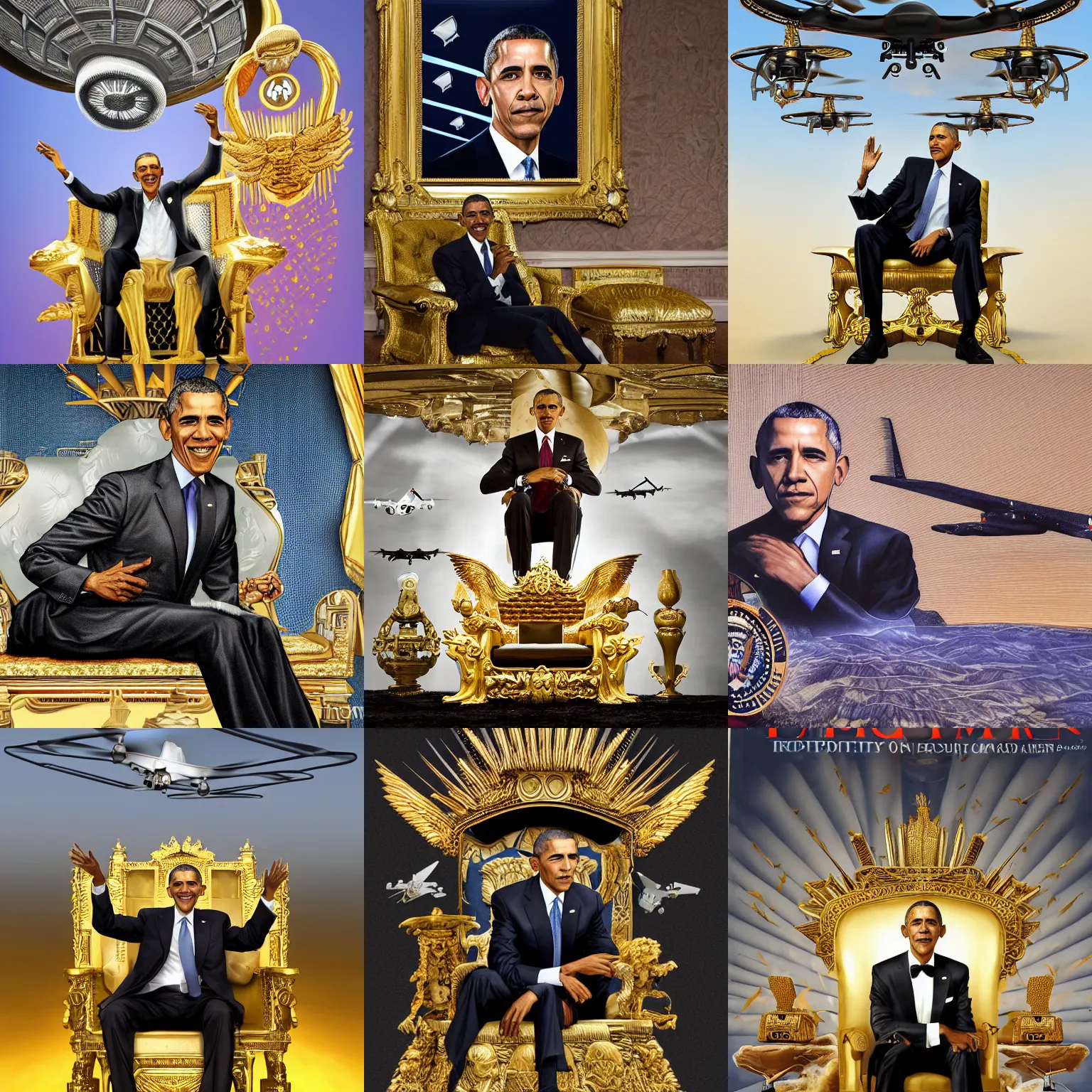 Prompt: hyperrealistic illustration portrait of Barack Obama The Drone King sitting on a golden throne with MQ-1 Predator Drones (military) flying out from under it, Copyright TIME Magazine, (EOS 5DS R, ISO100, f/8, 1/125, 84mm, modelsociety, prime lense)
